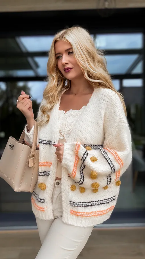 Jesienny sweter kardigan w kolorze ecru ONE SIZE - R145
