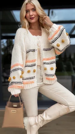 Jesienny sweter kardigan w kolorze ecru ONE SIZE - R145