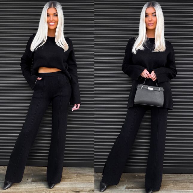 Klasyczny jesienny komplet dzianinowy BLACK sweter + spodnie ONE SIZE - S462B