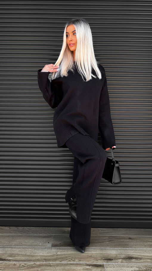 Klasyczny jesienny komplet dzianinowy BLACK sweter + spodnie ONE SIZE - S462B