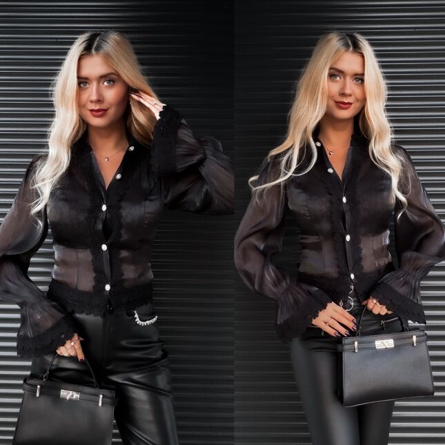 Elegancka czarna bluzka koszulowa z koronką - R343A
