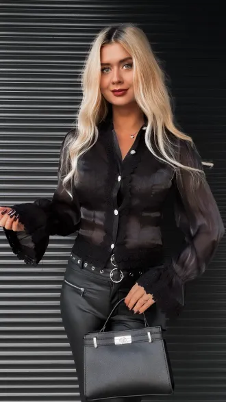 Elegancka czarna bluzka koszulowa z koronką - R343A