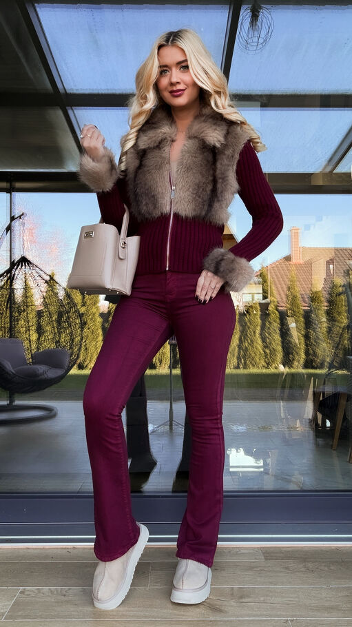 Modny sweter z wiskozy z futerkiem zapinany na zamek BORDO - R298