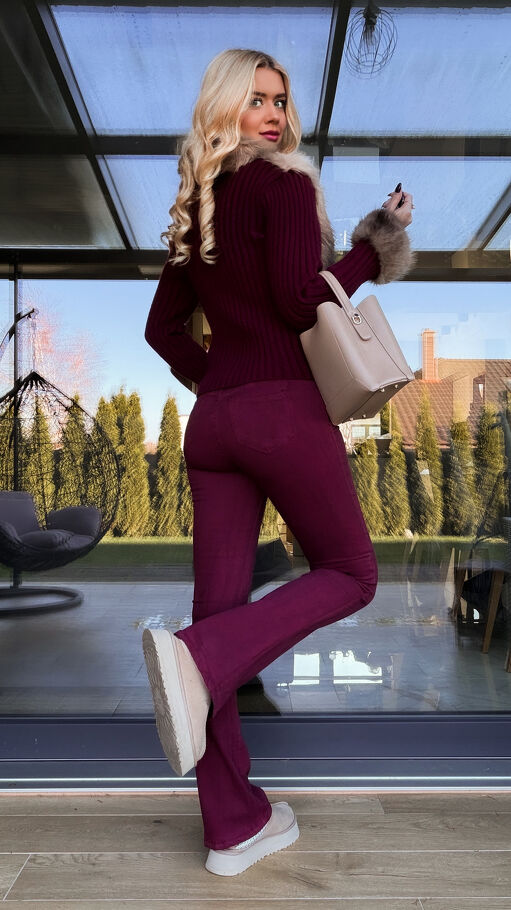 Modny sweter z wiskozy z futerkiem zapinany na zamek BORDO - R298