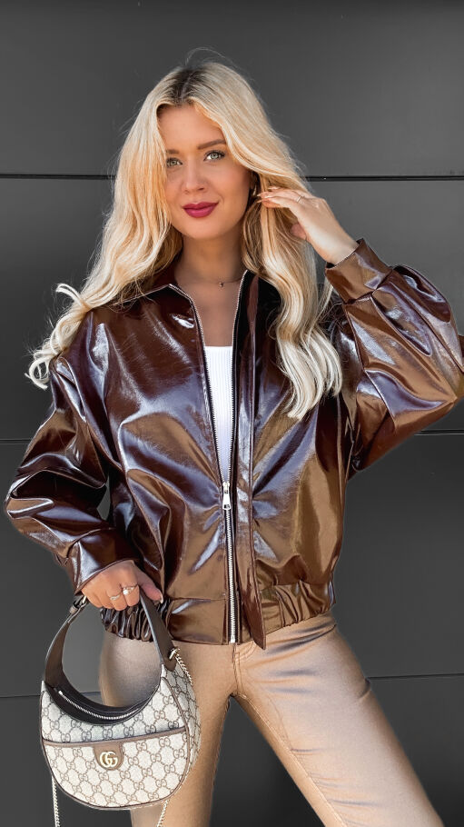 Brązowa kurtka BOMBERKA z eko skóry ONE SIZE - R070