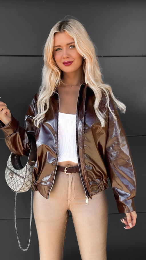 Brązowa kurtka BOMBERKA z eko skóry ONE SIZE - R070