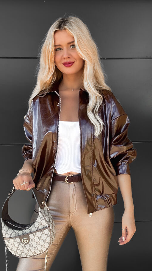 Brązowa kurtka BOMBERKA z eko skóry ONE SIZE - R070