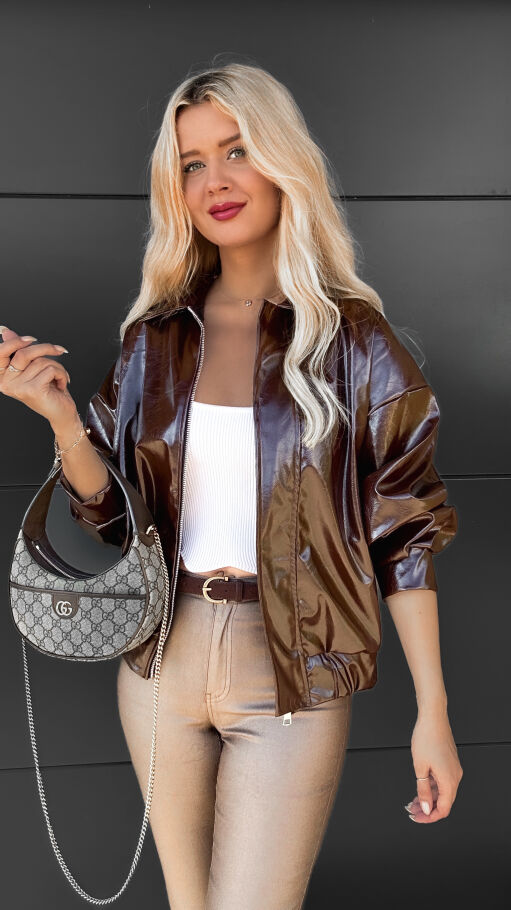 Brązowa kurtka BOMBERKA z eko skóry ONE SIZE - R070