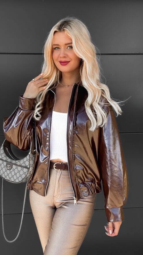 Brązowa kurtka BOMBERKA z eko skóry ONE SIZE - R070