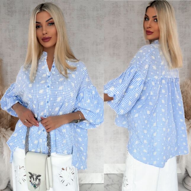 Piękna asymetryczna bluzka w kratkę VICHY one size BLUE - R862A