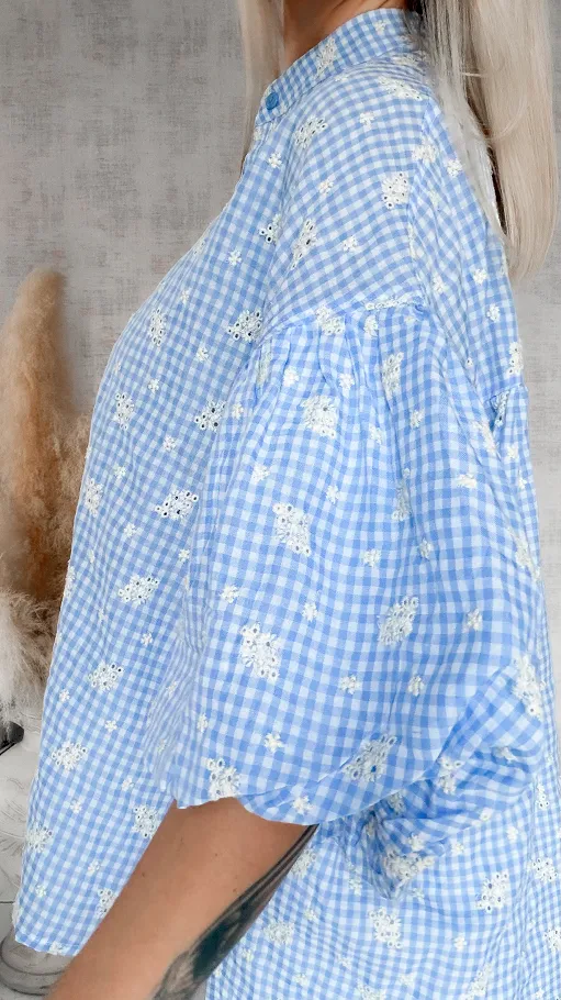 Piękna asymetryczna bluzka w kratkę VICHY one size BLUE - R862A