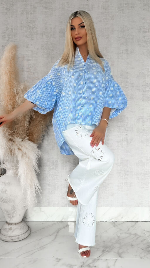 Piękna asymetryczna bluzka w kratkę VICHY one size BLUE - R862A