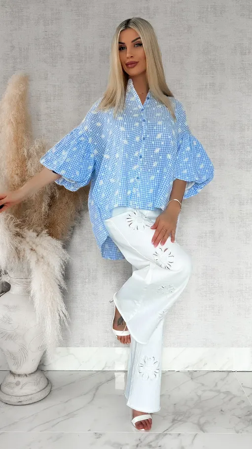 Piękna asymetryczna bluzka w kratkę VICHY one size BLUE - R862A