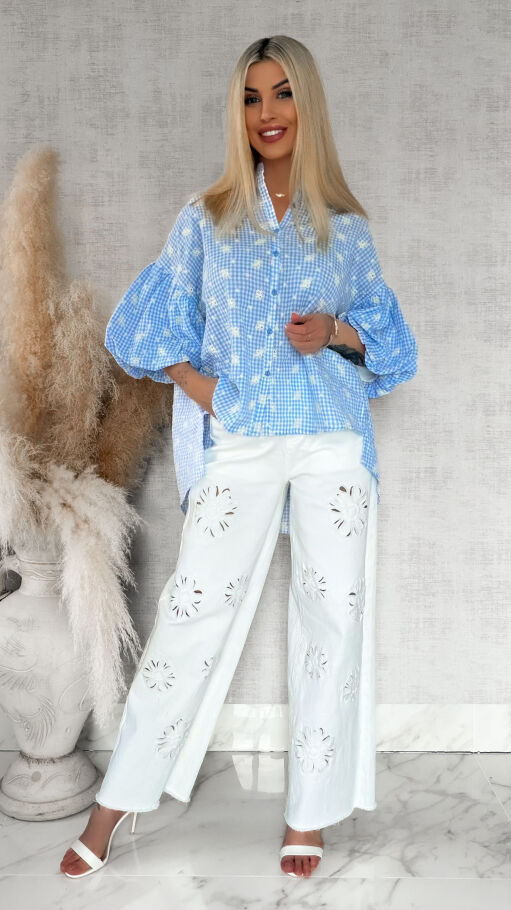 Piękna asymetryczna bluzka w kratkę VICHY one size BLUE - R862A