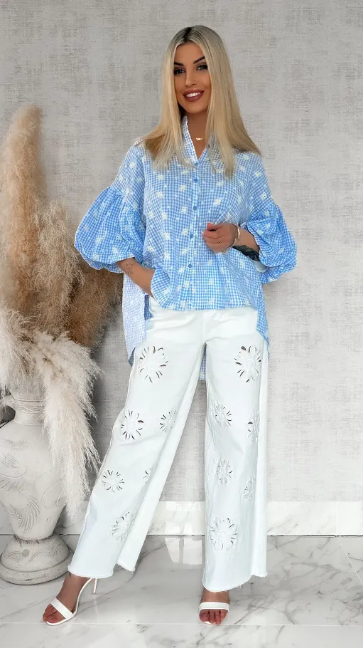 Piękna asymetryczna bluzka w kratkę VICHY one size BLUE - R862A