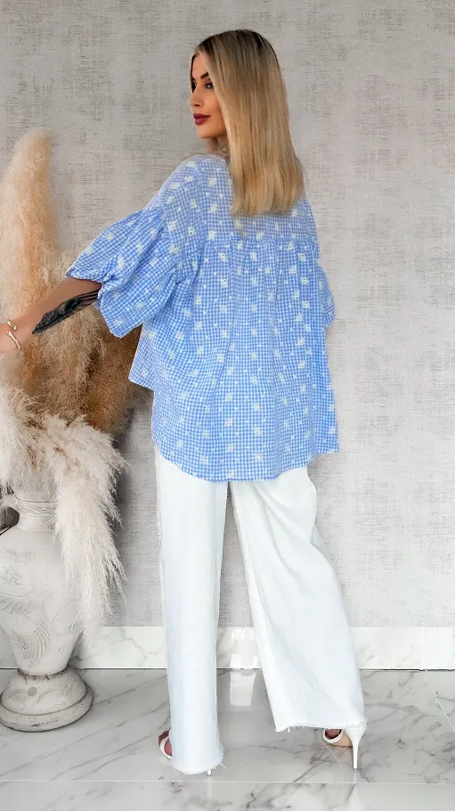 Piękna asymetryczna bluzka w kratkę VICHY one size BLUE - R862A