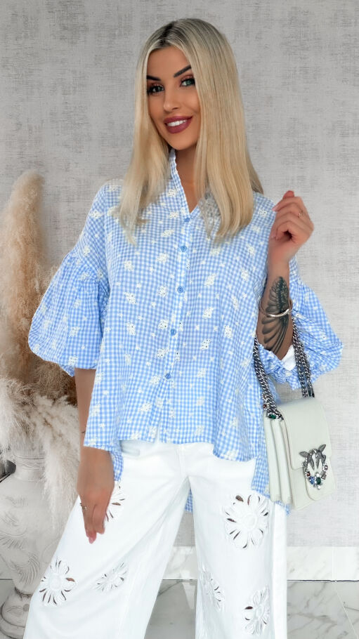 Piękna asymetryczna bluzka w kratkę VICHY one size BLUE - R862A