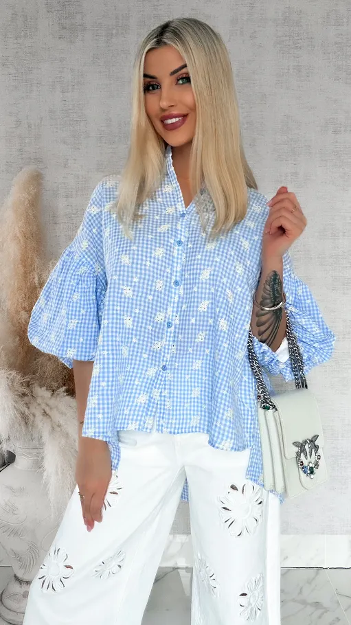 Piękna asymetryczna bluzka w kratkę VICHY one size BLUE - R862A