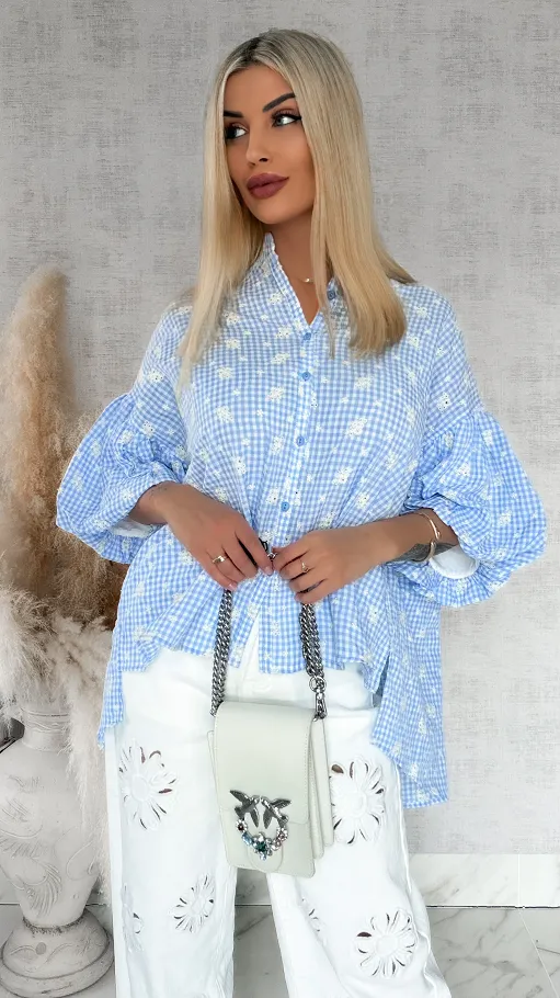 Piękna asymetryczna bluzka w kratkę VICHY one size BLUE - R862A