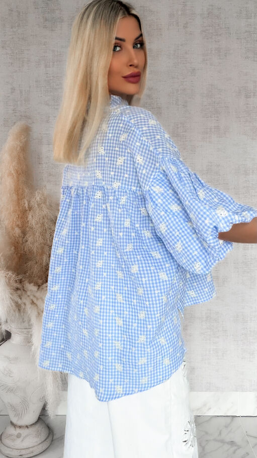 Piękna asymetryczna bluzka w kratkę VICHY one size BLUE - R862A
