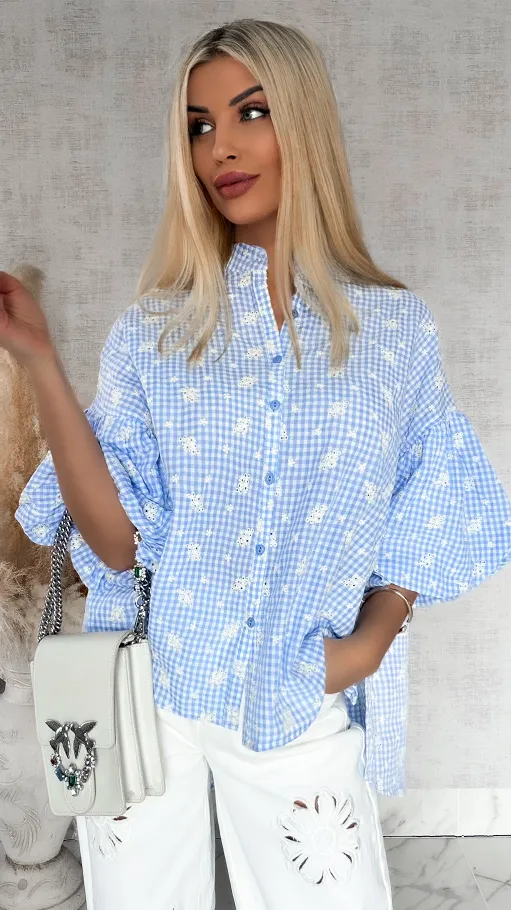 Piękna asymetryczna bluzka w kratkę VICHY one size BLUE - R862A