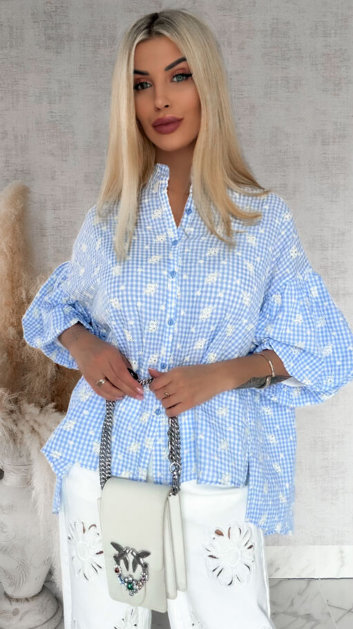 Piękna asymetryczna bluzka w kratkę VICHY one size BLUE - R862A