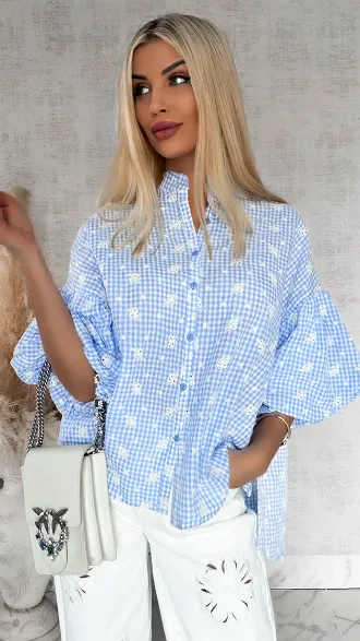 Piękna asymetryczna bluzka w kratkę VICHY one size BLUE - R862A