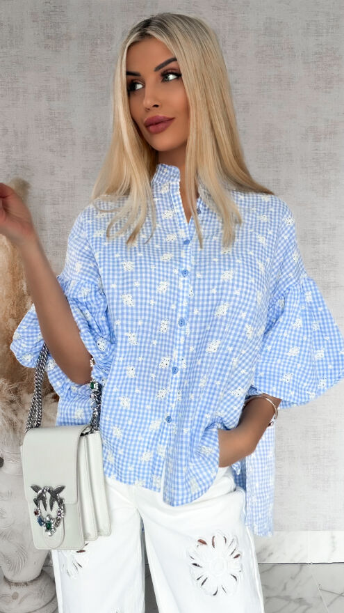 Piękna asymetryczna bluzka w kratkę VICHY one size BLUE - R862A