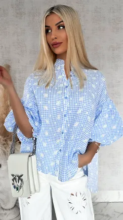 Piękna asymetryczna bluzka w kratkę VICHY one size BLUE - R862A