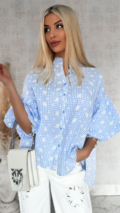 Piękna asymetryczna bluzka w kratkę VICHY one size BLUE - R862A