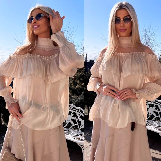 Elegancka beżowa bluzka mgiełka na wiosnę ONE SIZE - R782