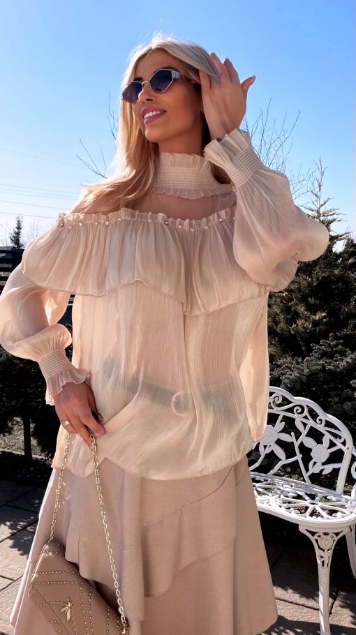 Elegancka beżowa bluzka mgiełka na wiosnę ONE SIZE - R782