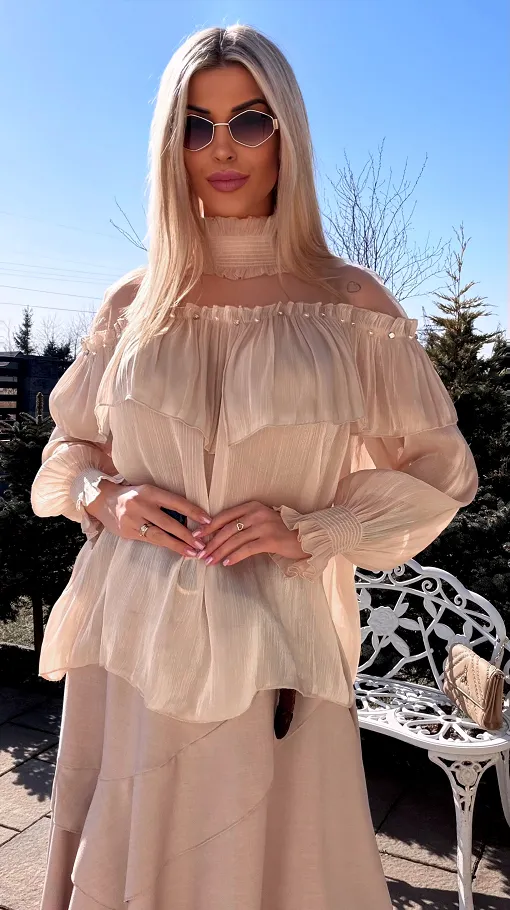 Elegancka beżowa bluzka mgiełka na wiosnę ONE SIZE - R782