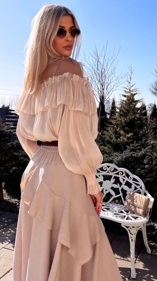 Elegancka beżowa bluzka mgiełka na wiosnę ONE SIZE - R782