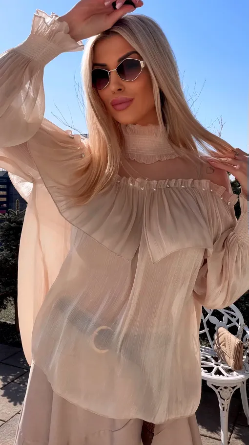 Elegancka beżowa bluzka mgiełka na wiosnę ONE SIZE - R782