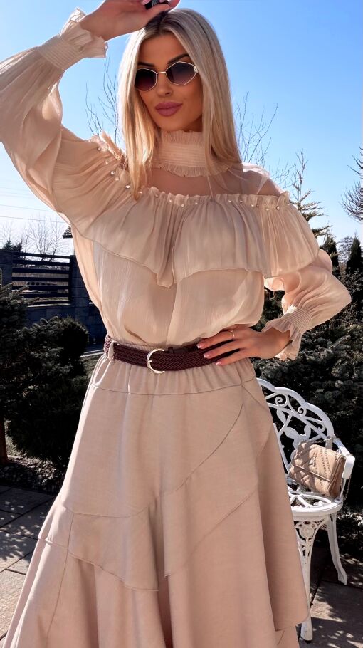 Elegancka beżowa bluzka mgiełka na wiosnę ONE SIZE - R782