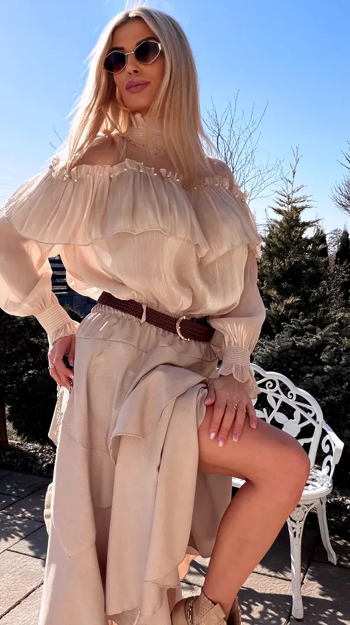 Elegancka beżowa bluzka mgiełka na wiosnę ONE SIZE - R782