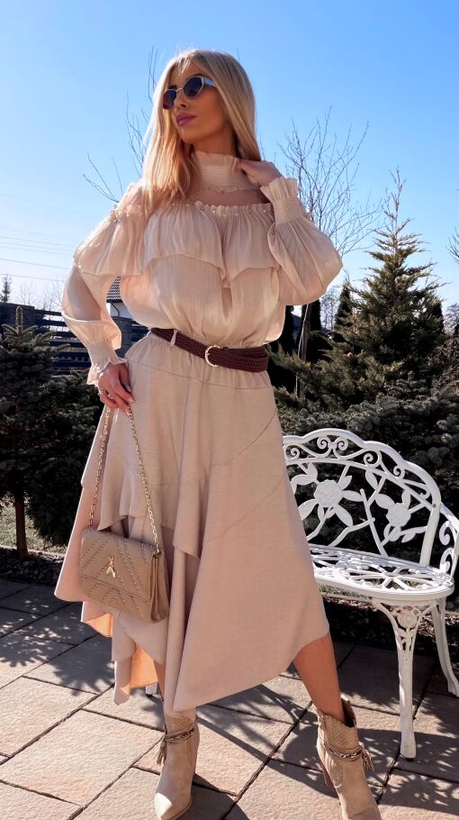 Elegancka beżowa bluzka mgiełka na wiosnę ONE SIZE - R782