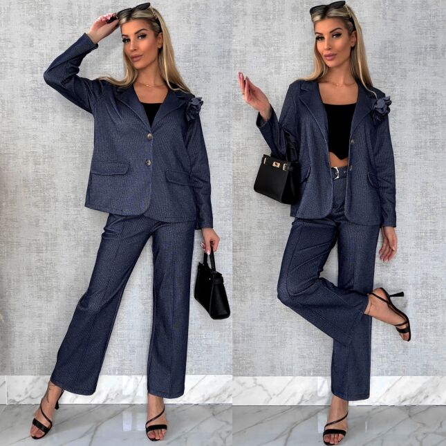 Elegancki granatowy komplet z broszką żakiet + spodnie - R545