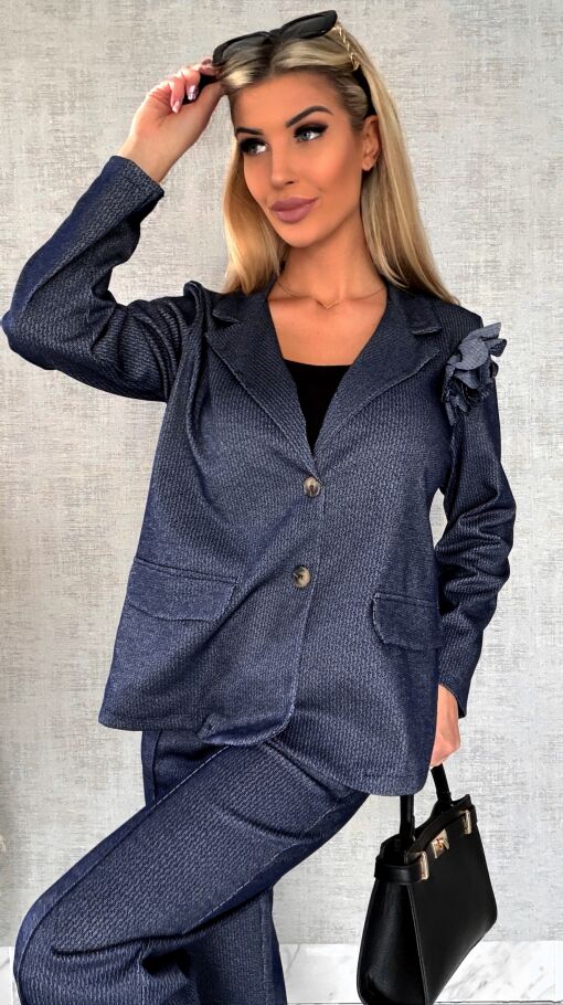 Elegancki granatowy komplet z broszką żakiet + spodnie - R545