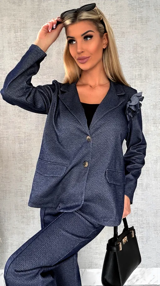 Elegancki granatowy komplet z broszką żakiet + spodnie - R545