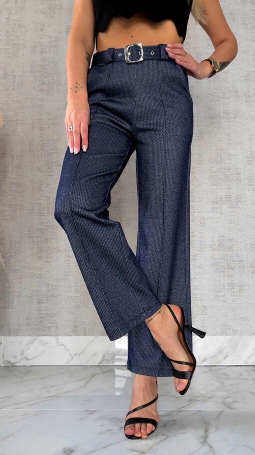 Elegancki granatowy komplet z broszką żakiet + spodnie - R545