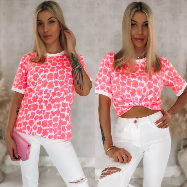 Bawełniana bluzka T-SHIRT w neonową panterę ONE SIZE róż - R949A
