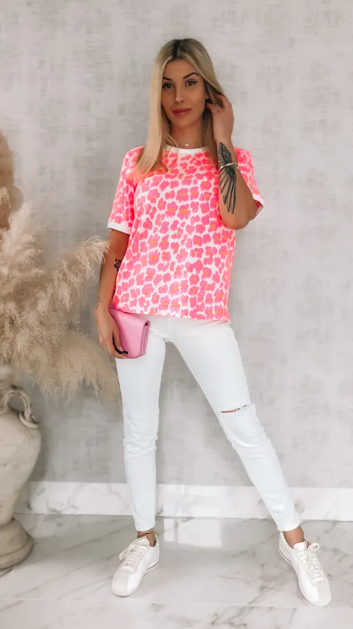 Bawełniana bluzka T-SHIRT w neonową panterę ONE SIZE róż - R949A