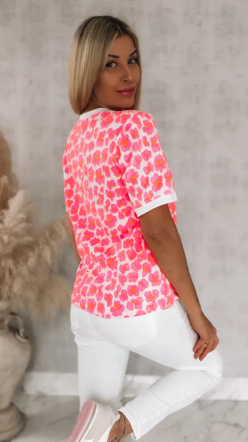 Bawełniana bluzka T-SHIRT w neonową panterę ONE SIZE róż - R949A
