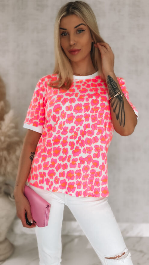 Bawełniana bluzka T-SHIRT w neonową panterę ONE SIZE róż - R949A