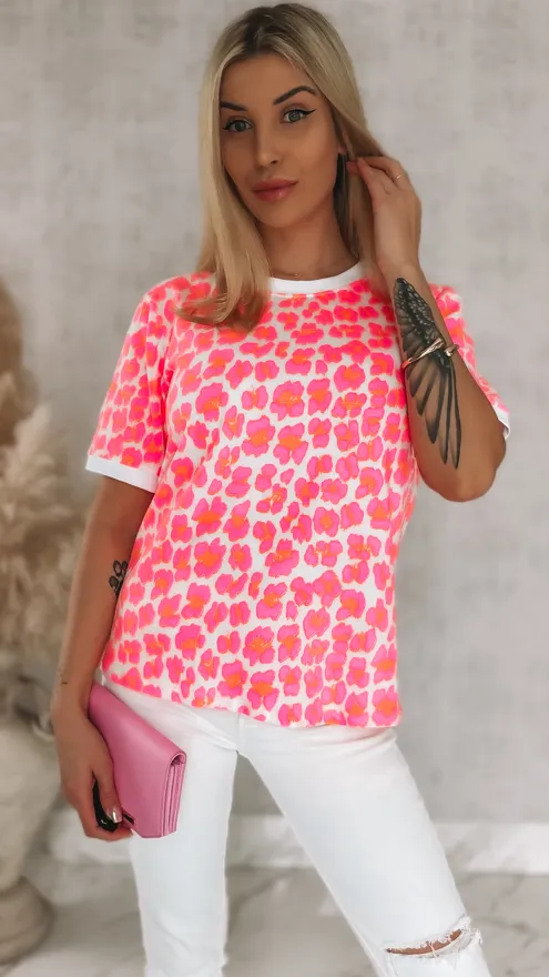 Bawełniana bluzka T-SHIRT w neonową panterę ONE SIZE róż - R949A