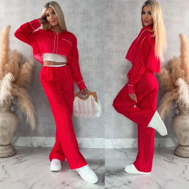 Bawełniany komplet LAZY style w paseczki RED - R421