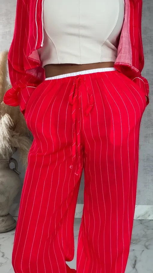 Bawełniany komplet LAZY style w paseczki RED - R421