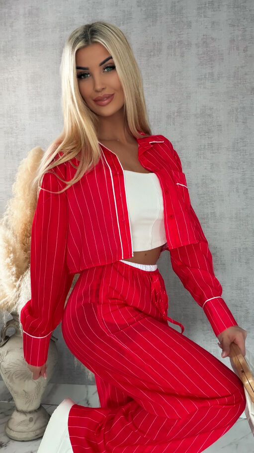 Bawełniany komplet LAZY style w paseczki RED - R421